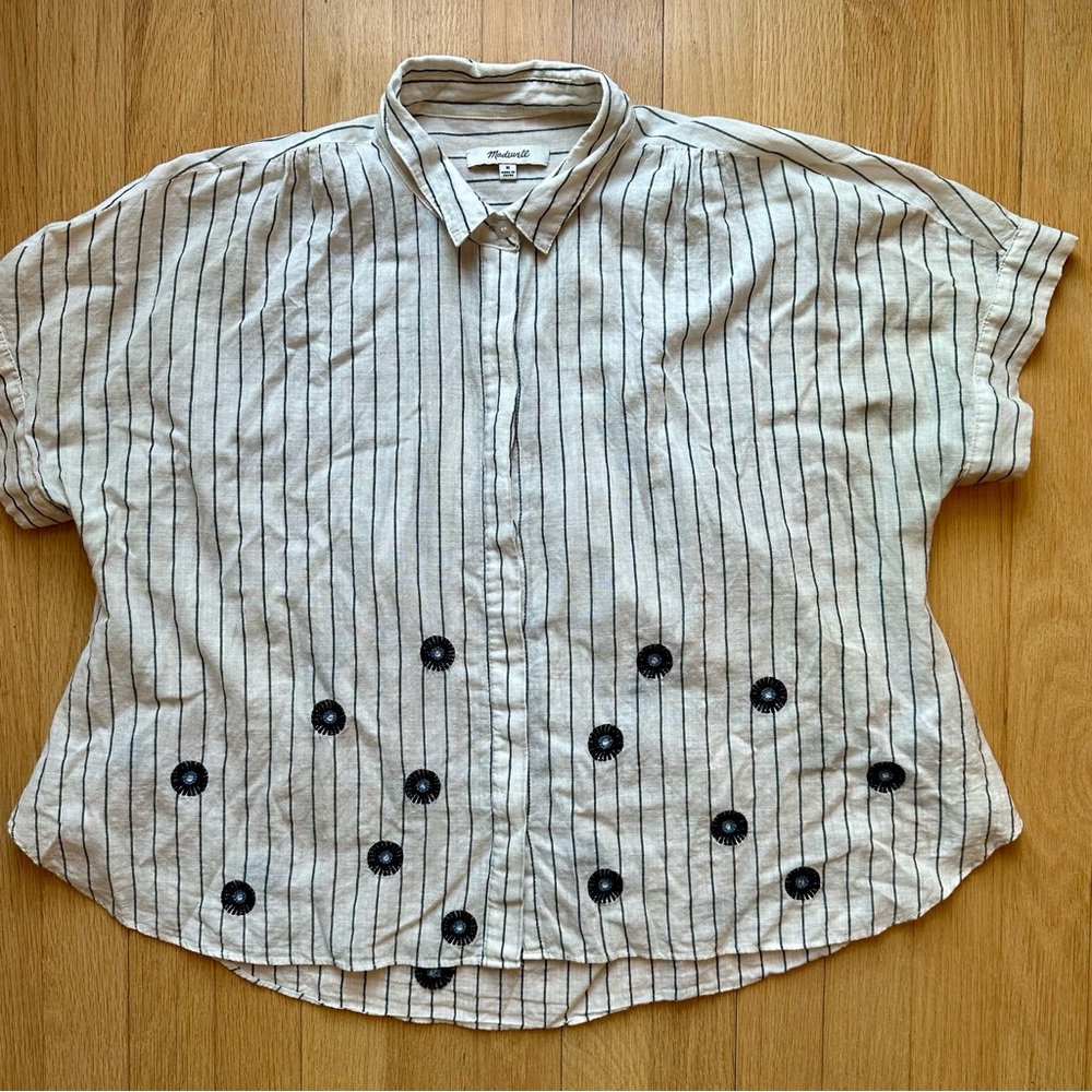 Madewell - Flowy Striped Button Up Top with Embroidered Flowers